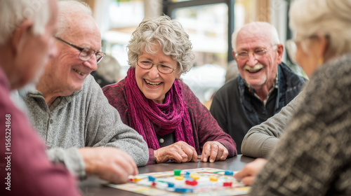 A group of elderly friends laughing and enjoying board games together, sharing joy, friendship, and fun moments in a cozy and lively indoor setting.