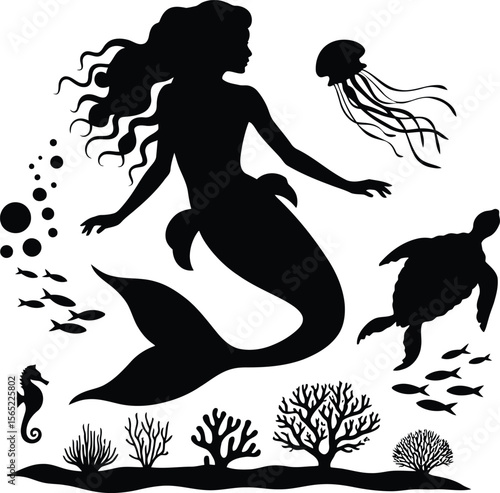 Silhouette illustration of a mermaid in an underwater scene.