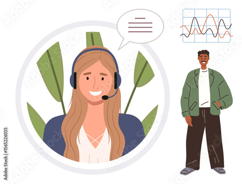 Smiling female with headset and speech bubble, man standing nearby, abstract graph lines. Ideal for communication, teamwork, analytics, customer support, remote work data sharing coaching. Modern