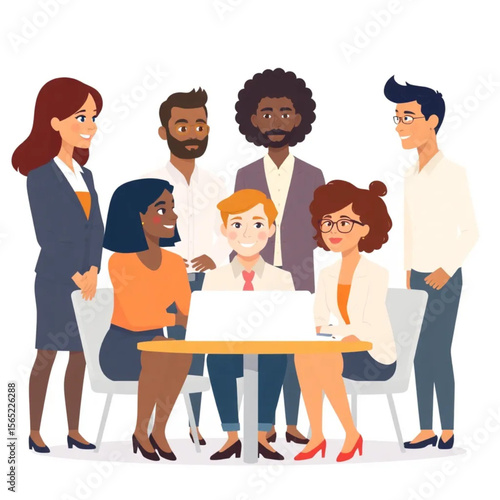 A diverse group of six staff are preparing for a client pitch. The atmosphere is professional yet relaxed.