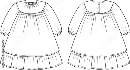 Cute and Comfortable Toddler Girl's Long Sleeve Smock Dress with Ruffle Hem - Adorable Infant and Baby Apparel Fashion Illustration"