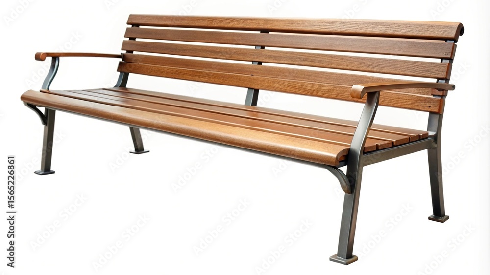 Elegant outdoor wooden bench with metal frame and armrests on white background Elegant outdoor wooden bench with metal frame and armrests on white background