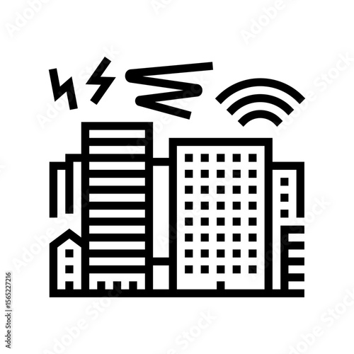 cityscape buildings surrounded by sound waves line icon vector illustration