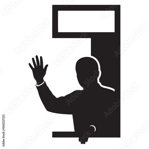 Silhouette of a man waving from a window welcoming or bidding farewell