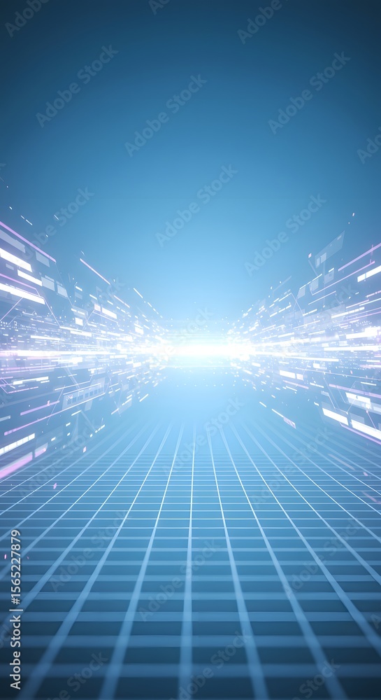 Obraz premium A futuristic, digital pathway with glowing lines and a grid pattern.