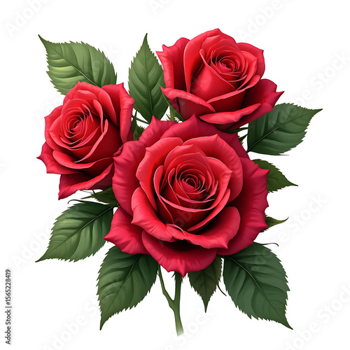 Crimson Blooms: Captivating close-up of vibrant red roses, each petal unfurling with exquisite detail and surrounded by lush green foliage. This image conveys beauty and elegance.