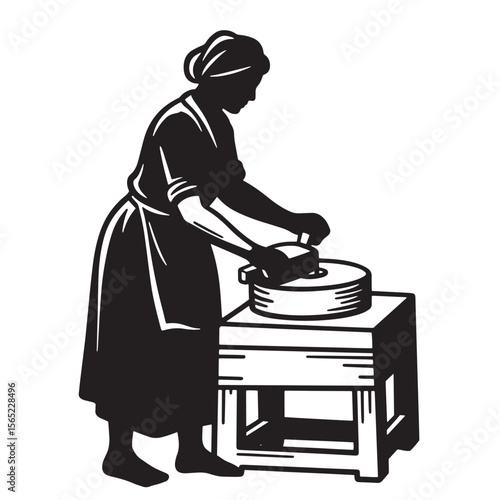 Silhouette of a woman grinding something on a table a retro vintage style illustration