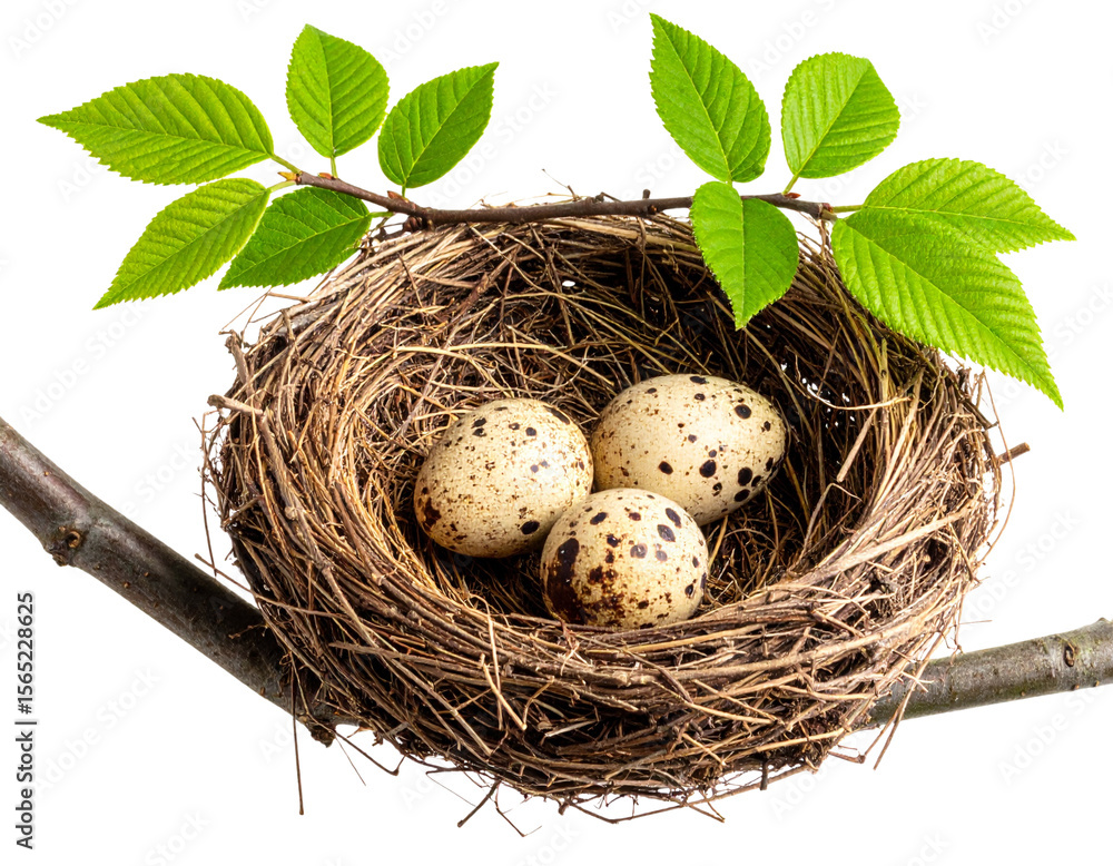 Natural Bird Nest with Three Speckled Eggs on Branch Surrounded by Green Leaves Isolated on Transparent Background PNG Natural Bird Nest with Three Speckled Eggs on Branch Surrounded by Green Leaves Isolated on Transparent Background PNG