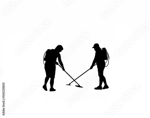 Silhouette of environmentalists planting devices to monitor air quality on white background