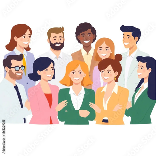 A group of ten employees are participating in a team-building workshop. Everyone is smiling or nodding, showing active participation.