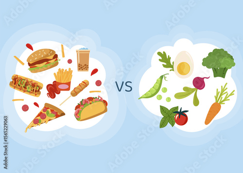 Fast food vs healthy food. Comparison of junk meals, burgers and pizza with vegetables and greens. For nutrition education and lifestyle.