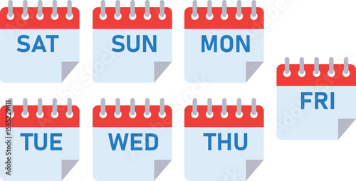 Weekdays illustrated on calendar pages representing days of the week