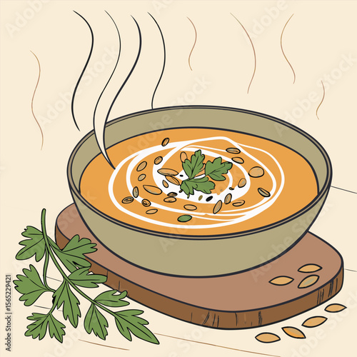 A charming vector illustration depicts a steaming bowl of creamy pumpkin soup perfect for autumn and Thanksgiving designs with a subtle nod to feline companionship
