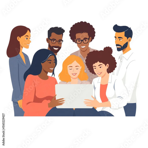 A diverse group of six team members are collaborating on a laptop. The atmosphere is professional yet relaxed.
