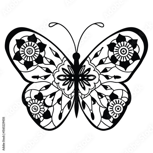 Intricate symmetrical butterfly mandala design featuring decorative elements in a CMYK color palette suitable for coloring pages tattoos or ornamental designs with a nature theme