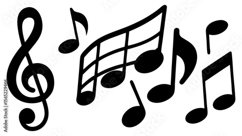 Music notes icon set in vector style. Collection of black music note symbols including eighth notes, quarter notes, and rests, isolated on white background. Ideal for music and audio design.