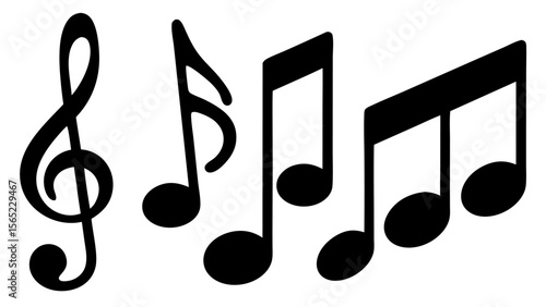 Music notes icon set in vector style. Collection of black music note symbols including eighth notes, quarter notes, and rests, isolated on white background. Ideal for music and audio design.