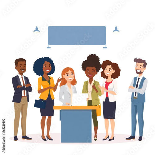 A diverse group of six employees are setting up for a trade show. Everyone is smiling or nodding, showing active participation.