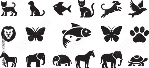 Diverse animal icons black silhouette collection fish lion