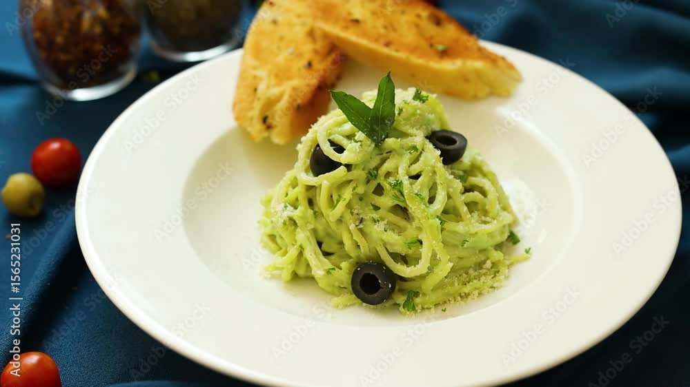 Pesto spaghetti pasta with bread and basil on white plate Pesto spaghetti pasta with bread and basil on white plate