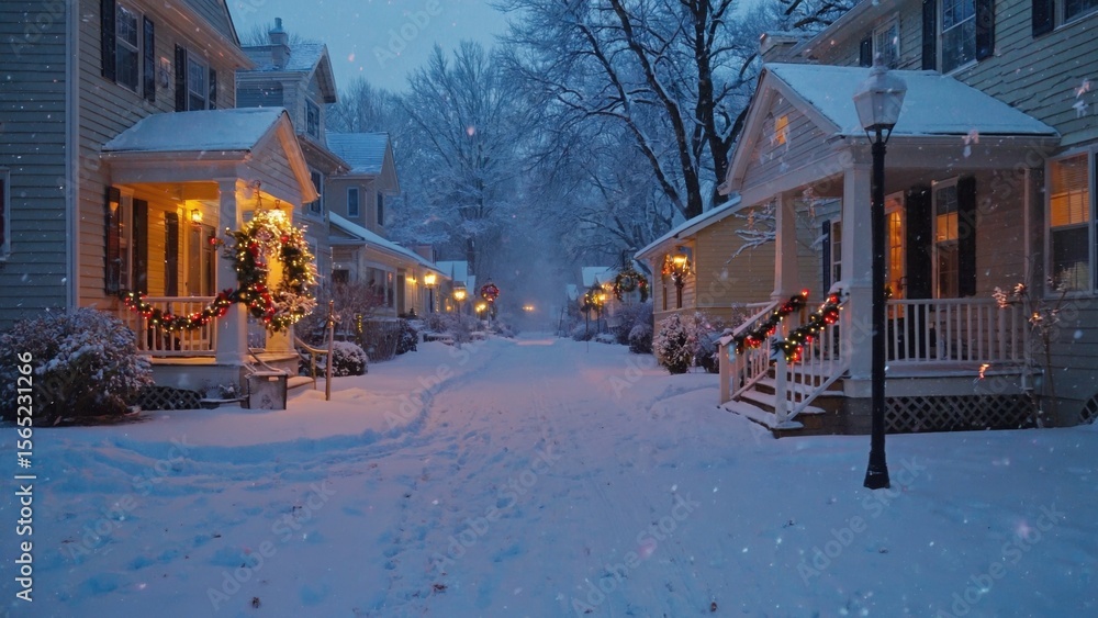 Fototapeta premium Residential street blanketed in snow features charming houses decorated with Christmas holiday lights and wreaths. The atmosphere is peaceful, with gentle snowfall in the evening