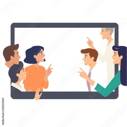A group of six team members are attending a video call. Everyone is contributing ideas, and a few are pointing at the board or screen.