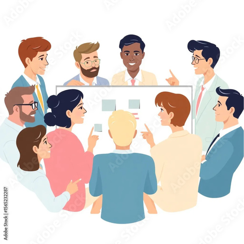 A group of nine executives are participating in a team-building workshop. Everyone is contributing ideas, and a few are pointing at the board or screen.