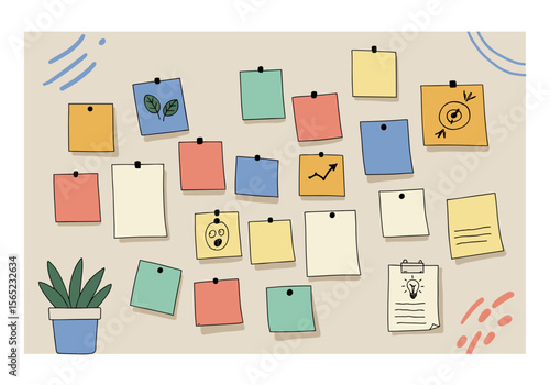 Colorful sticky notes and plant on bulletin board in casual style  