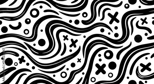 Abstract Black and White Wavy Pattern with Random Dots and Curves Creating Dynamic Visual Flow