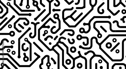 Abstract Circuit Board Design Featuring Intricate Patterns and Connections in Monochrome