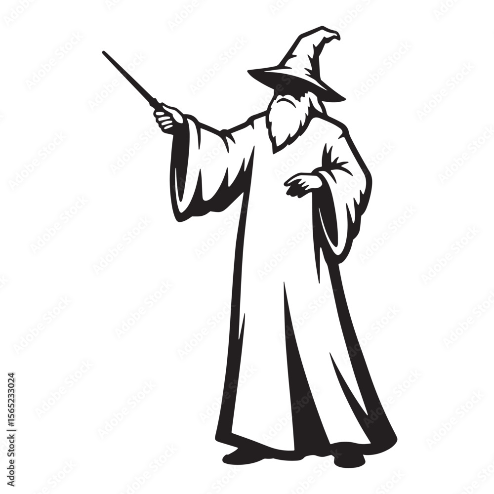 Wizard in long robes with pointing wand in vector style silhouette illustration Wizard in long robes with pointing wand in vector style silhouette illustration