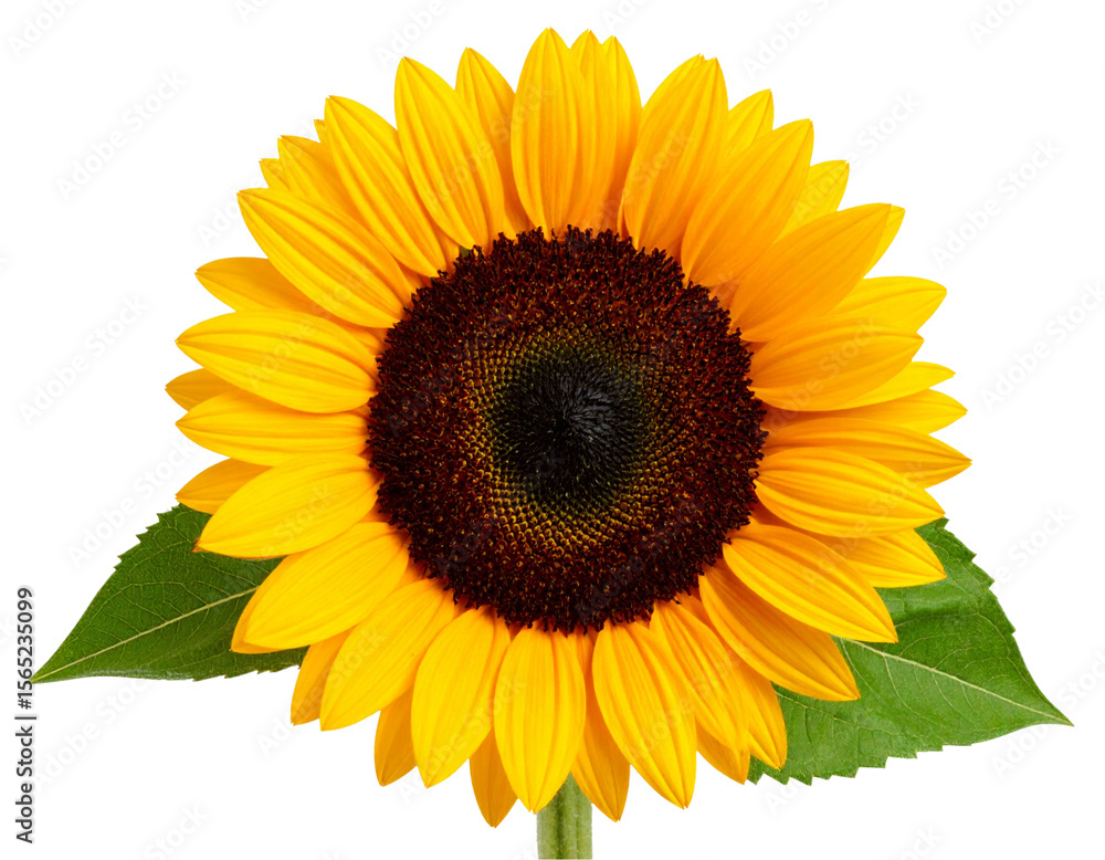 Fototapeta premium Close-up of Vibrant Blooming Sunflower with Detailed Brown Seeds and Green Leaves, isolated on transparent background