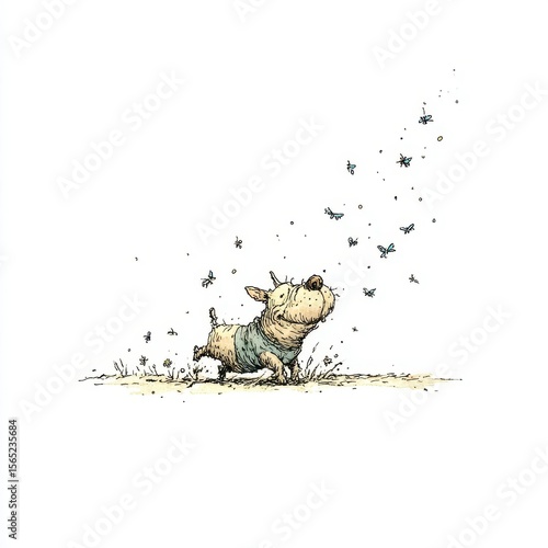 Whimsical illustration of a dog enjoying the outdoors.