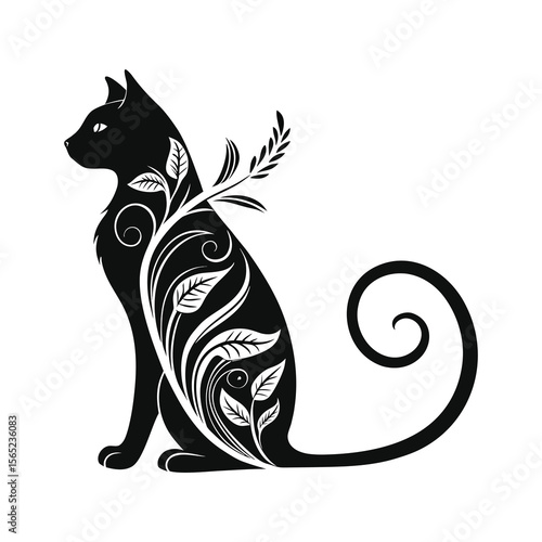 Elegant Tribal Cat Illustration with Floral Pattern – Decorative Animal Line Art Design .