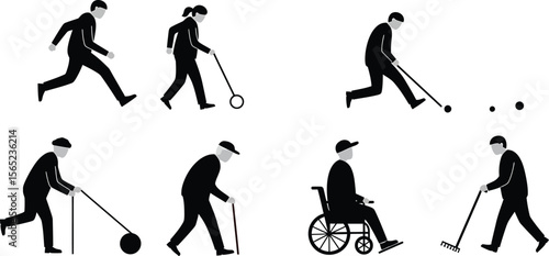 Illustration of Minimalist vector design of senior citizens active by a world-class graphic designer. black and white,  no text, minimalist, abstract, clean white bac