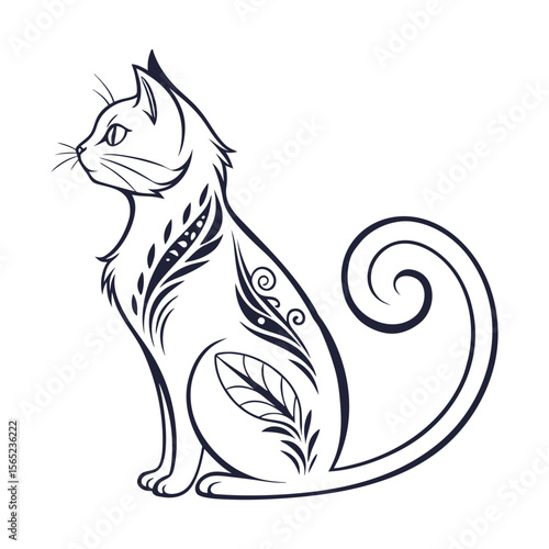Elegant Tribal Cat Illustration with Floral Pattern – Decorative Animal Line Art Design .