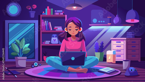 A woman is sitting on the floor with a laptop in front of her. She is wearing headphones and she is focused on her work. The room is dimly lit, and there are several books scattered around the area