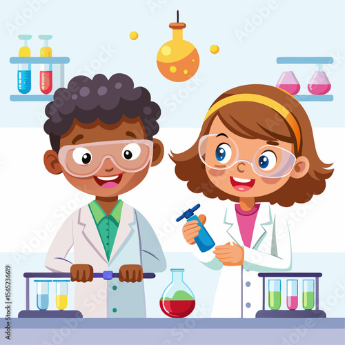 Two children in lab coats are smiling and holding test tubes. They are in a science lab. The lab is filled with various chemicals and equipment