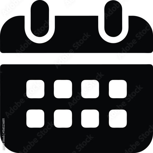 Black silhouette icon of a calendar with grid and binding loops