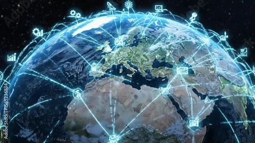 Global Network Connections, Futuristic World Connectivity around earth globe galaxy in background 4k video
