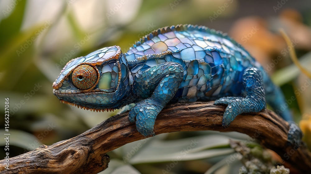 Fototapeta premium Chameleon on poly branch, color changing facets