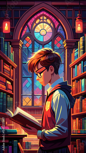 A man is reading a book in a library. The scene is set in a warm, cozy atmosphere with a lot of books around him. The man is wearing a suit and tie, which adds to the formal