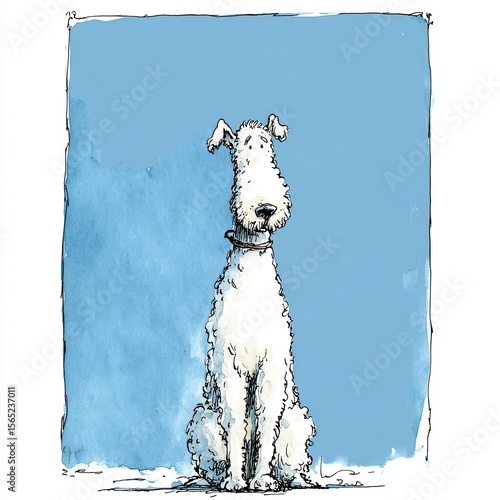 White dog sits against a light blue background.