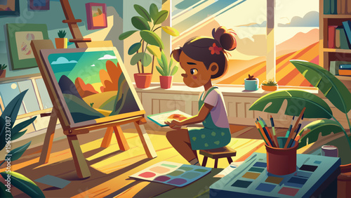 A girl is painting a picture in a room with a window. She is sitting on the floor and has a brush in her hand