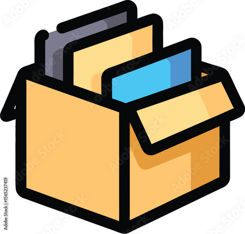 Illustration of a cardboard box filled with files in flat vector style