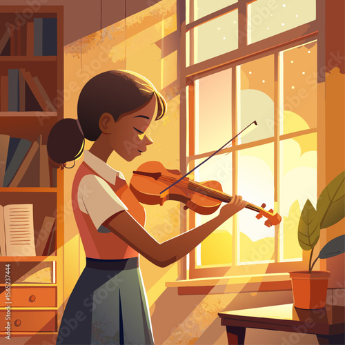 A girl playing the violin in a room with a potted plant. The room is filled with books and a window lets in sunlight