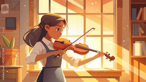 A girl playing the violin in a room with a potted plant. The room is filled with books and a window lets in sunlight