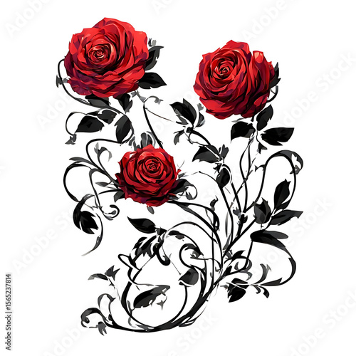 Crimson Rose Elegance: A vibrant composition showcasing three velvety red roses intertwined with an intricate, monochrome vine design, exuding timeless grace.