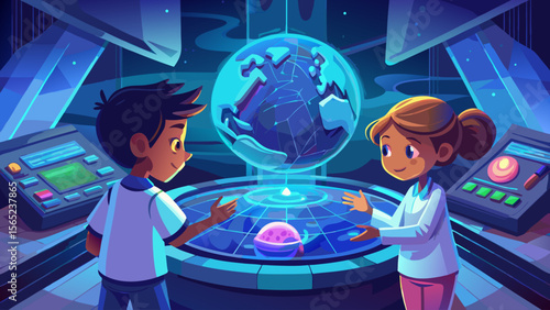 A boy and a girl are looking at a globe. The globe is surrounded by a blue background