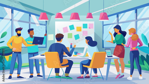 A group of people are sitting around a table with a woman giving a presentation. Scene is collaborative and focused, as the group is working together to achieve a common goal